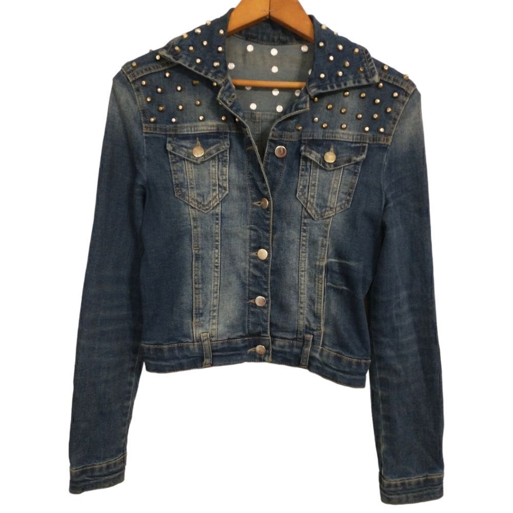 Lolita Y2K Studded Denim Jacket Women's Blue Jean‎ Coat Rhinestone Grunge Emo